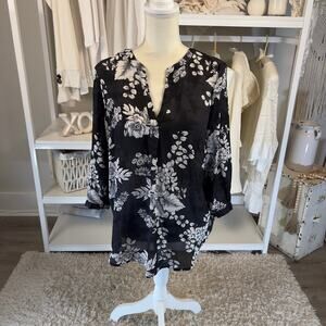 Cynthia Rowley Women's Size M Black Floral Semi Sheer Tunic Top #2938